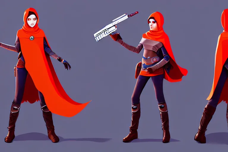 Prompt: girl in futuristic cape, gun in hand, character concept art, valorant game style, digital art, many details, super realistic, high quality, 8 k