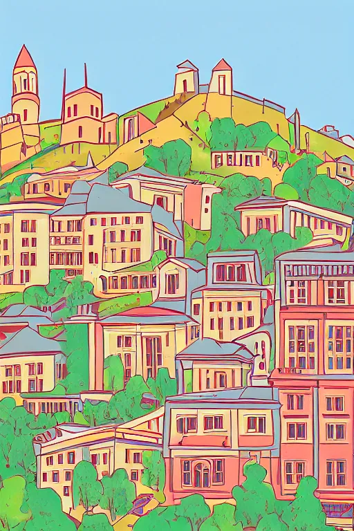 Prompt: tbilisi, illustration, in the style of katinka reinke