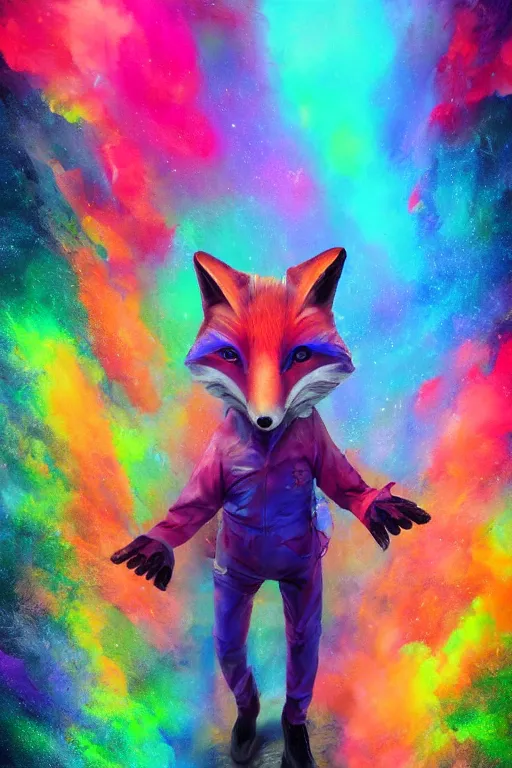 Image similar to a humanoid fox wearing scientist's clothes and doing experiments with colorful chemicals, digital painting, masterpiece, digital art, high quality, highly detailed, concept art, trending on deviantart, high coherence, anatomically correct, five fingers, cinematic, high definition, path traced