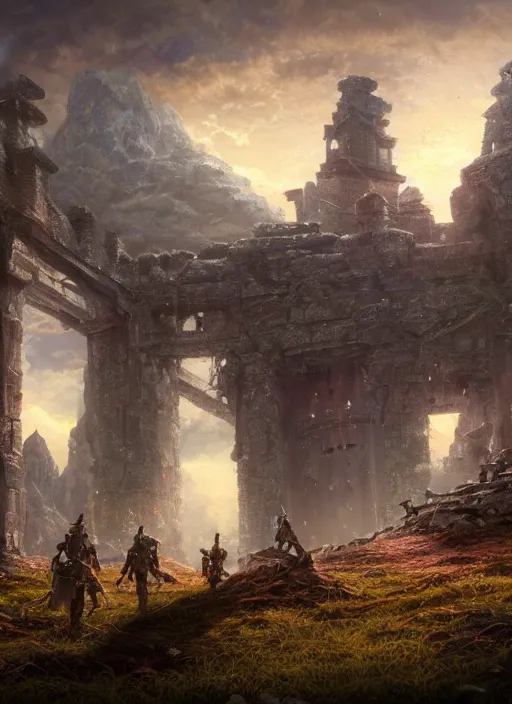 Prompt: war in an abandoned fantasycore temple, Rendering of a cinematic beautiful closeup moment of enemies standing facing away from each other, Pensive Lonely, full of details, by Makoto Shinkai and thomas kinkade, Matte painting, trending on artstation and unreal engine Martin Aitchison,Robert Ayton,John Berry,Frank Hampson,Robert Lumley,William Murray, B.H. Robinson, Gerald Whitcomb,Harry Wingfield, Eric Winter, Sep. E. Scott