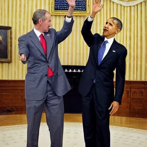 Prompt: President Barack Obama and President George W. Bush doing the fusion dance from Dragon Ball Z