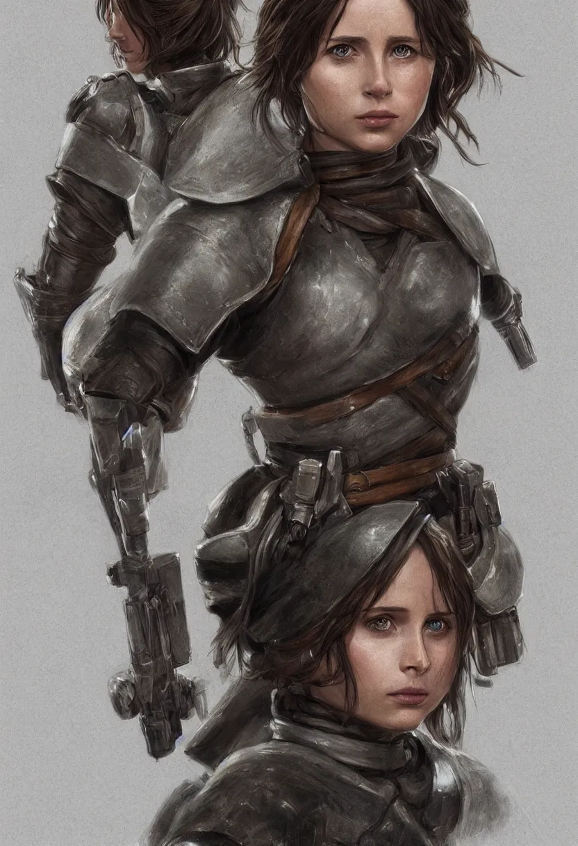 Prompt: gorgeous jyn erso in elegant armor, by calum alexander watt, portrait, profile posing, perfect anatomy, character portrait, full body, hyper photorealistic, insane detail, digital photography, artstation, concept art