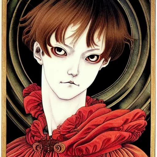 Image similar to prompt: Portrait painted in renaissance style drawn by Katsuhiro Otomo and Takato Yamamoto, inspired by Fables, china doll face, smooth face feature, intricate oil painting, high detail, sharp high detail, manga and anime 2000