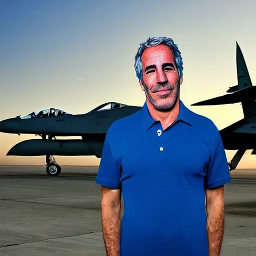 Image similar to aesthetic illustration of jeffrey epstein, wearing a dark blue polo shirt, standing near fighter jet on an empty runway at dusk, high detail, volumetric lights, award winning photo