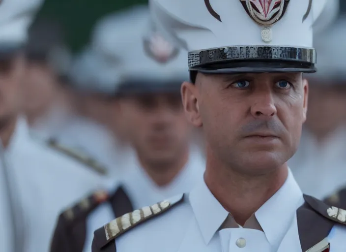 Prompt: proud general wearing a white tunic uniform, no medals, no epaulettes, his arms are behind his back, ultra realistic, 4 k, movie still, uhd, sharp, detailed, cinematic, render, modern