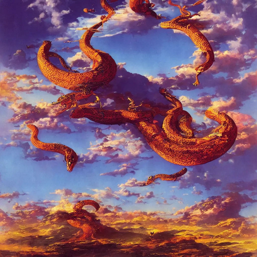 Prompt: evil pope black robes riding on the back of a giant snake flying in the sky, vibrant colors, colorful clouds, gorgeous lighting, bruce pennington