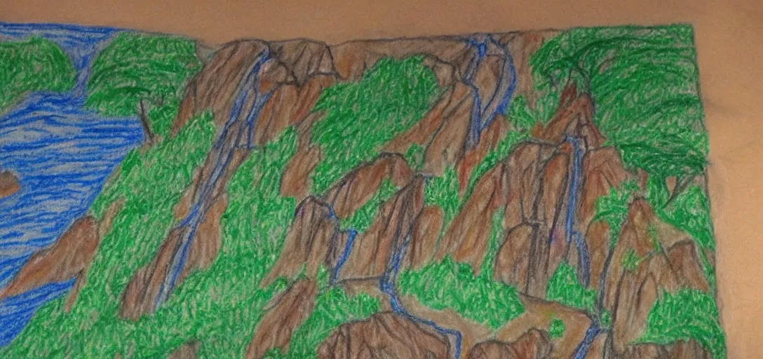 Image similar to Rivendell poorly drawn in wax crayon by a five-year old