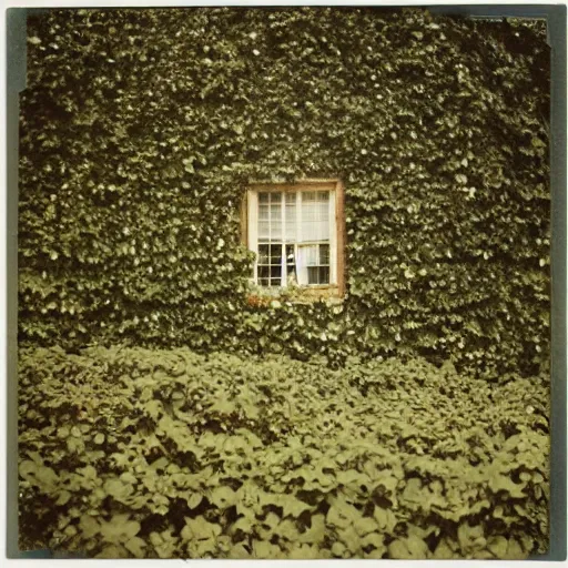 Prompt: 1980s Polaroid photo-journalism flash photograph of A building made out of flower and vines surrounded by grassy hills and Mother Nature