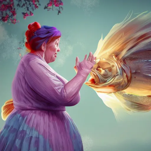 Image similar to of a very beautiful scene. ambient occlusion render. a sweet fat old woman is giving a birth to a huge colorful fish. flowery dress. mirror. symmetrical face, red mouth, blue eyes. deep focus, lovely scene. ambient occlusion render. concept art. unreal engine.