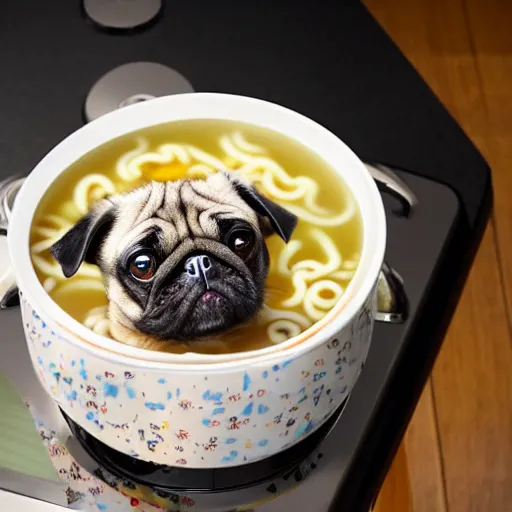 Image similar to An adorable pug sitting in a pot of ramen noodle soup atop a stove, high resolution photograph