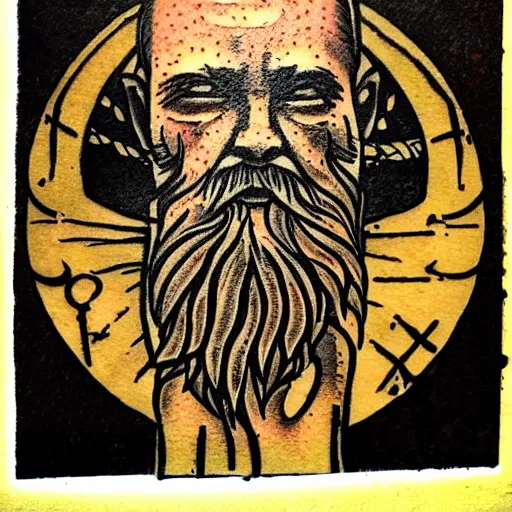 Prompt: tattoo design, stencil, a tarot card of an old man with a beard in the wind