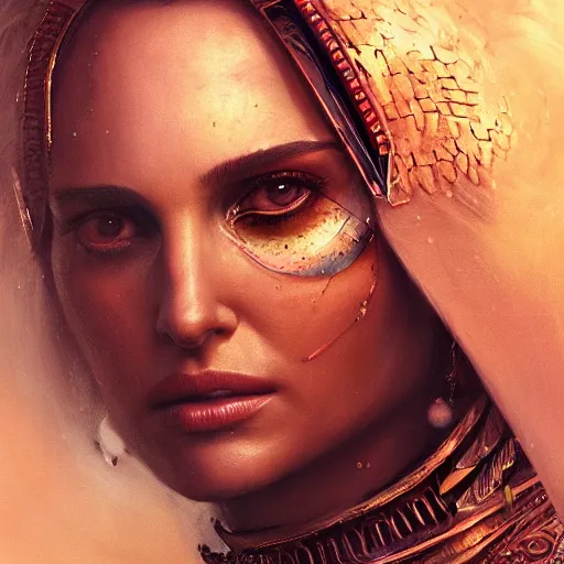 Image similar to closeup portrait of natalie portman as cleopatra, palace background, dramatic light, gorgeous view, depth, high detail, digital art, painted by greg rutkowski and seb mckinnon, neuromancer, trending on artstation