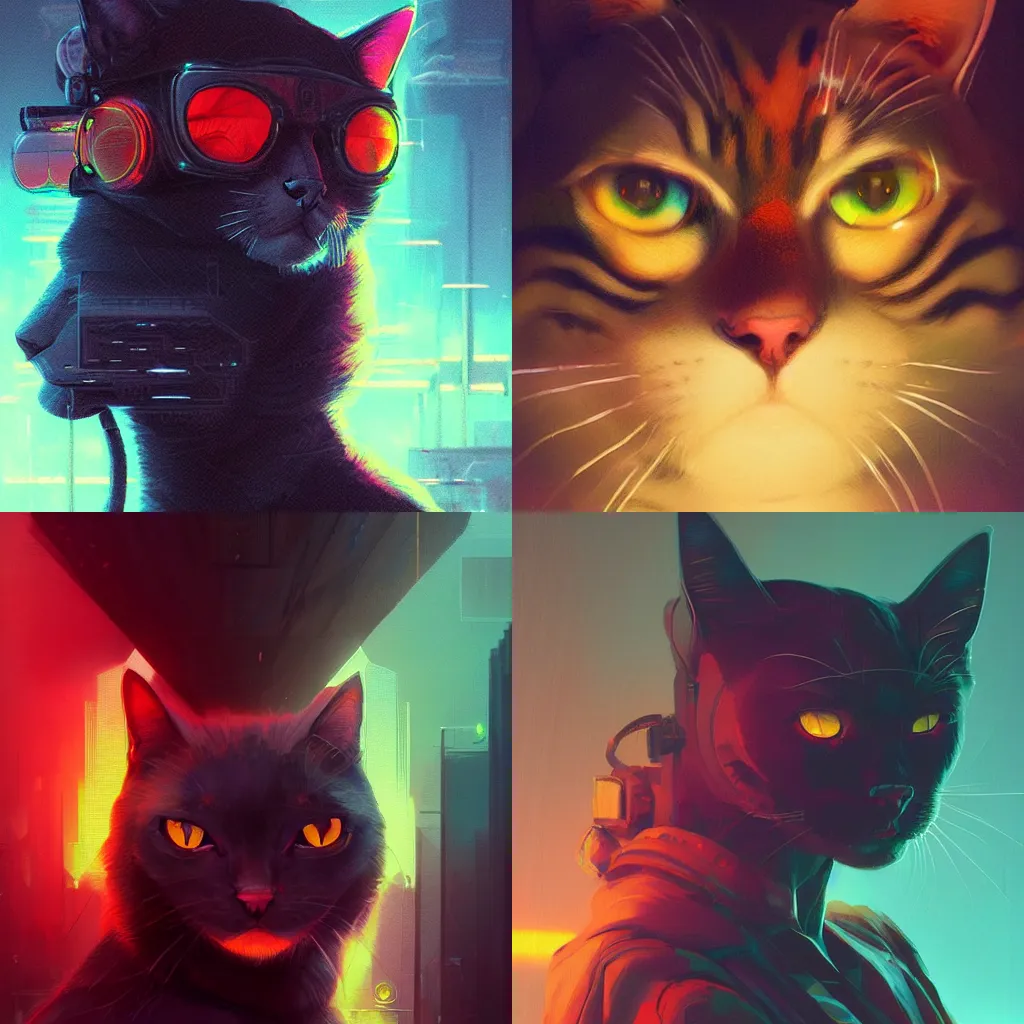 Image similar to detailed portrait of a cat, synthwave, retrowave, cyberpunk, illustration by Jordan Grimmer and Greg Rutkowski, trending on Artstation