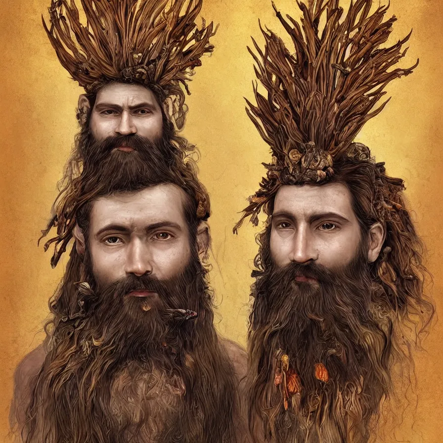 Prompt: Portrait of the Primeval Forest God, a beard Western male deity that presides over nature and brings wisdom onto the world. Headshot, insanely nice professional hair style, dramatic tribal dark hair color, colorful halo around the head, digital painting, of a old 17th century, amber jewels, baroque, ornate clothing, tribalistic sci-fi, realistic, hyper-detailed, chiaroscuro, concept art, art by Franz Hals and Jon Foster and Ayami Kojima and Amano and Karol Bak,