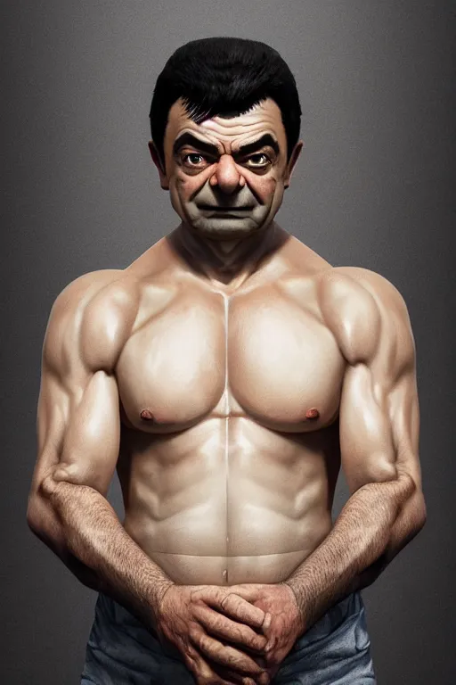 Image similar to upper body portrait of a hulking bulky swole muscular herculean chiseled mr bean rowan atkinson, cinematic lighting, photorealistic, octane render, 8 k, depth of field, 3 d, art by artgerm and greg rutkowski and alphonse mucha and uang guangjian and gil elvgren and sachin ten