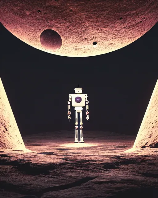 Image similar to a robot standing in front of a glowy open door that's on a barren moon, poster art by mike winkelmann, trending on cg society, space art, sci - fi, ue 5, futuristic, volumetric lighting, light casting onto the ground, neat composition and camera angle