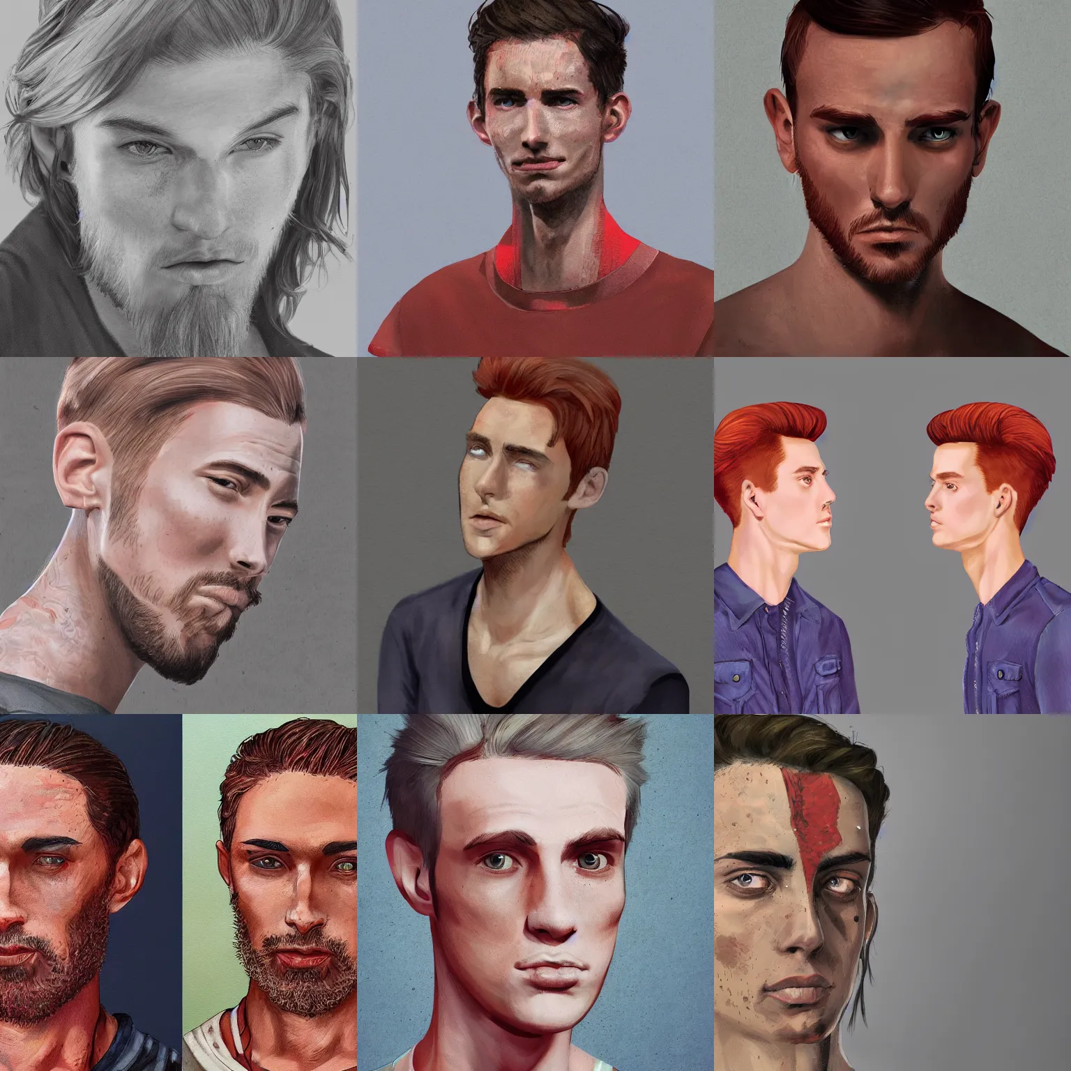 Prompt: portrait of a thin young man with freckles and red hair with a man bun, intricate, symetric, highly detailed, digital painting, artstation, sharp focus, illustration