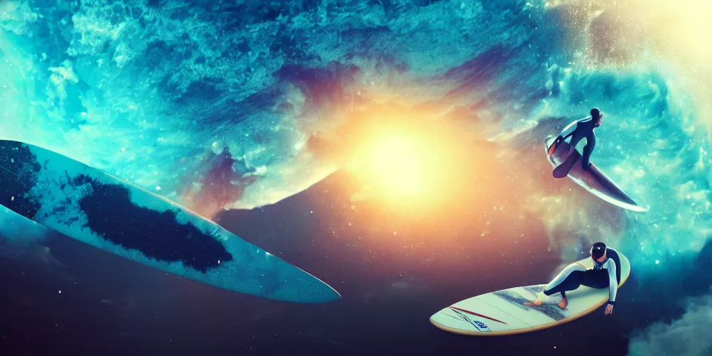 Image similar to astronaut surfing a surfboard on a sparkly crashing wave of stardust in space, background is a moon in nebula, octane render, unreal engine, wide view, 8 k, highdetaild