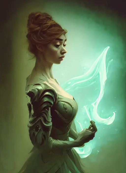 Image similar to side portrait, imogen poots, deathknight, gloomhaven, soft, smooth, luminescent, art nouveau, haunting, pale green backlit glow, evil inky swirly ripples, sickly colors, 8 k, by greg rutkowski, jesper ejsing, rhads, ilya kuvshinov, cushart krenz