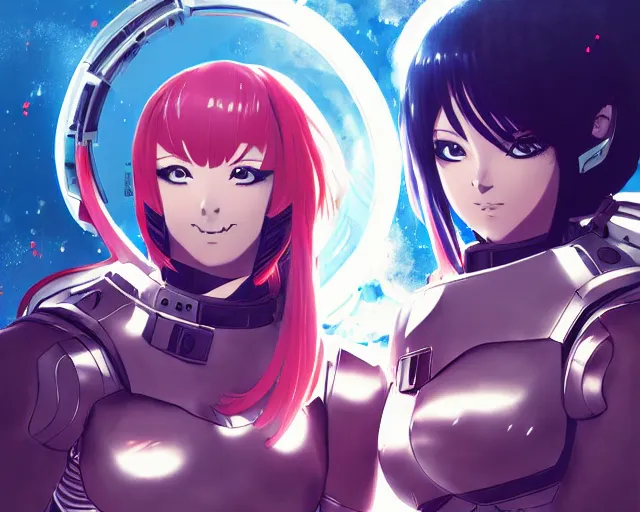 Prompt: anime visual, portrait of 2 buxom female battle sisters, wearing impractical female armour, space station hanger interior, cinematic luts, dynamic pose, dynamic perspective, strong silhouette, anime cels, ilya kuvshinov, crisp and sharp, rounded eyes, moody, cool colors, art style by kevin siembieda, palladium books