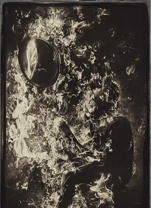 Image similar to old wetplate daguerreotype portrait of neanderthaler creating fire, explosion of data fragments, fractal, intricate, elegant, highly detailed, parallax, leica, medium format, subsurface scattering, by jheronimus bosch and greg rutkowski and louis jacques mande daguerre