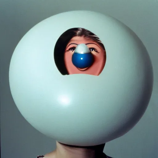 Image similar to glamorous woman with an inflatable spherical prosthetic nose, circular cardboard cartoon eyes, 1 9 7 2, color, chantal akerman, medium - shot 1 6 mm film, interior