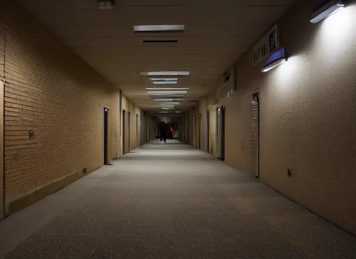 Prompt: a school corridor at night, night time, after hours, low light