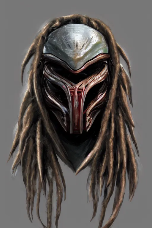 Image similar to predator 1 9 8 7 mask redesign, portrait, highly detailed, dreadlocks, mandables, digital painting, trending on artstation, concept art, illustration