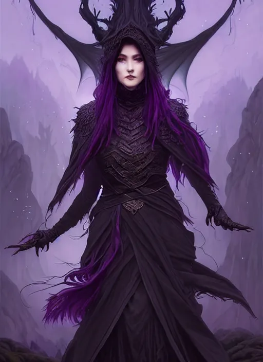 Prompt: front full detailed portrait dark witch, adventurer outfit large cloak, fantasy forest landscape, big moon, dragon scales, fantasy magic, undercut hairstyle, short purple black fade hair, dark light night, intricate, elegant, sharp focus, illustration, highly detailed, digital painting, concept art, matte, art by wlop and artgerm and greg rutkowski and alphonse mucha, masterpiece