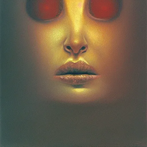 Image similar to woman face staring, portrait, flash, 80mm F2.8, single light source, painting by Zdzislaw Beksinski