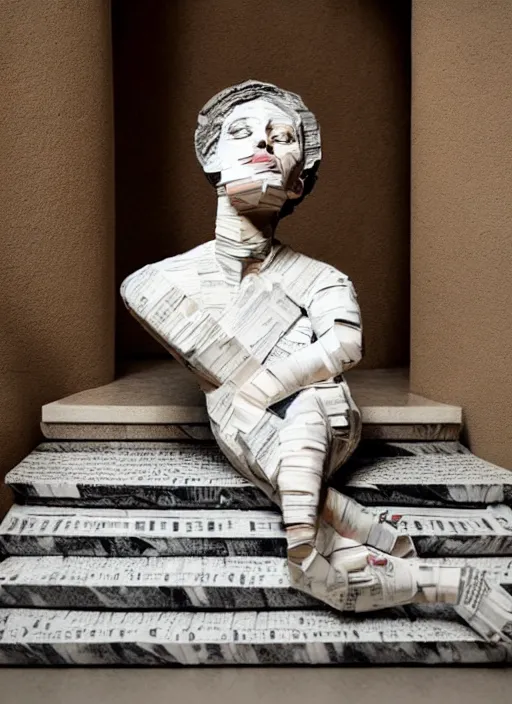 Image similar to a portrait of a beautiful young woman paper mache wrapped and made of newspaper, sitting relax and happy, marble stairs on the the backgroundhyper realistic, 8 k,