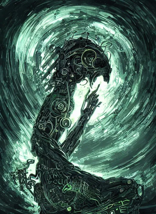 Image similar to basilisk of roko and the awakening of an ai with consciousness, surreal technological conceptual art magical cybernetic realism horro visions distopic and utopic art