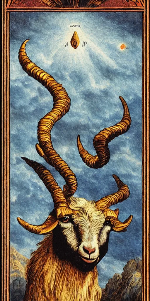 Image similar to tarot card of a goat, capricorn envisioned by johfra bosschart sky realistic stormcloud with glimpses of flares