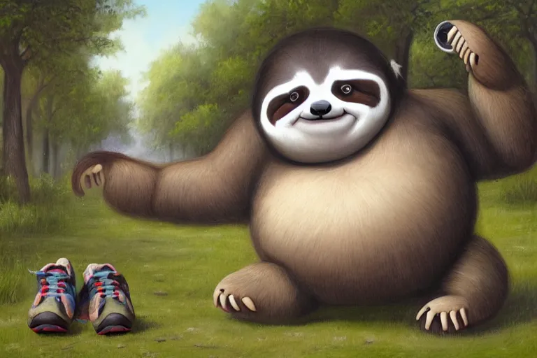 Image similar to anthro fat sloth going for a run in the park, wearing running sneakers and a muscle tee - shirt, dynamic active running pose, an ultrafine detailed painting by mark ryden, trending on deviantart, pop surrealism, whimsical, lowbrow, grotesque