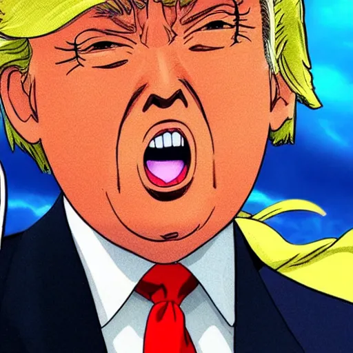 Image similar to Donald Trump as an anime character from Studio Ghibli