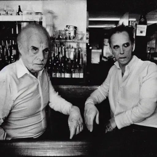 Image similar to old gay couple on a bar photographed by nan goldin, 8 0 s