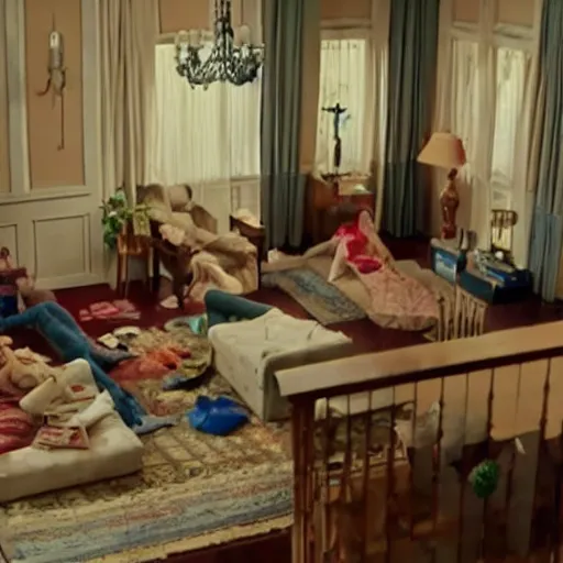 Prompt: a living room with the furniture hanging from the ceiling and people sleeping peacefully on the floor. Long shot from a movie.