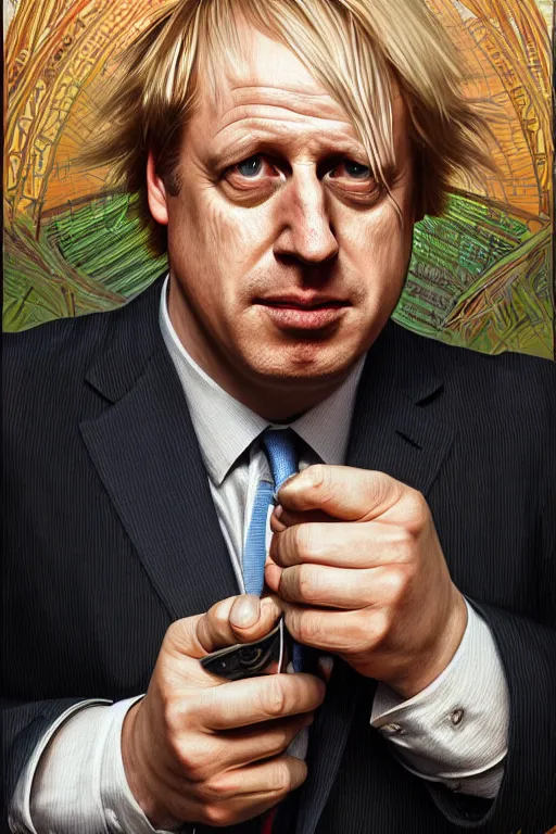 Image similar to Boris Johnson as Saul Goodman, Better Call Saul, realistic portrait, symmetrical, highly detailed, digital painting, artstation, concept art, smooth, sharp focus, illustration, cinematic lighting, art by artgerm and greg rutkowski and alphonse mucha