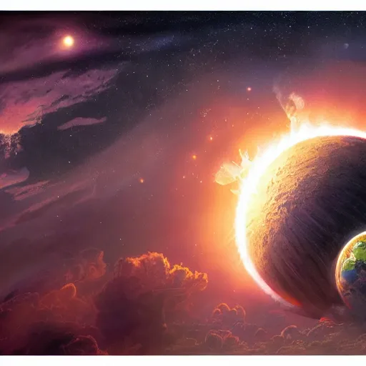 Image similar to epic portrait Planet earth burning from space, stars, dark, accurate, digital painting, artstation, concept art, soft light, hdri, smooth, sharp focus, illustration, fantasy, intricate, elegant, highly detailed, D&D, matte painting, in the style of Greg Rutkowski and Alphonse Mucha and artemisia, 8k, highly detailed, jurgens, rutkowski, bouguereau, pastoral, rustic, georgic