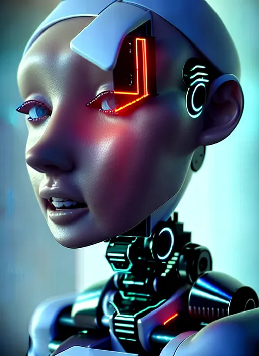 Image similar to sensual caucasian female humanoid with freckles, robotic, android, cyborg, part human part cyborg face, by loish, d & d, fantasy, cyber neon lighting, futurism, intricate futuristic jewelry accessories, cyberpunk high fashion, profile posing, hyper photorealistic, digital photography, artstation, pinterest, concept art, art by pascal blanche and greg rutkowski,