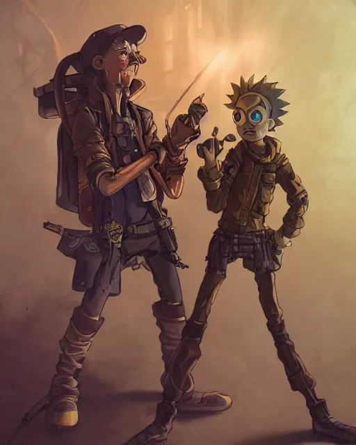 Image similar to Morty from the show Rick and Morty, Steampunk Sniper, Anthropomorphized, magic the gathering artwork, D&D, fantasy, cinematic lighting, centered, symmetrical, highly detailed, digital painting, artstation, concept art, smooth, sharp focus, illustration, volumetric lighting, epic Composition, 8k, art by Akihiko Yoshida and Greg Rutkowski and Craig Mullins, heroic pose, oil painting, cgsociety, Golden Steampunk city atmosphere