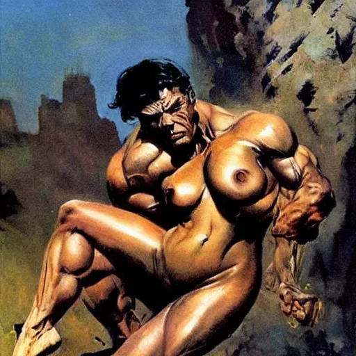 Prompt: “Frightening Strength and Beauty, by Frank Frazetta. Rippling muscles, toned bodies. A panther lies in front of the couple”