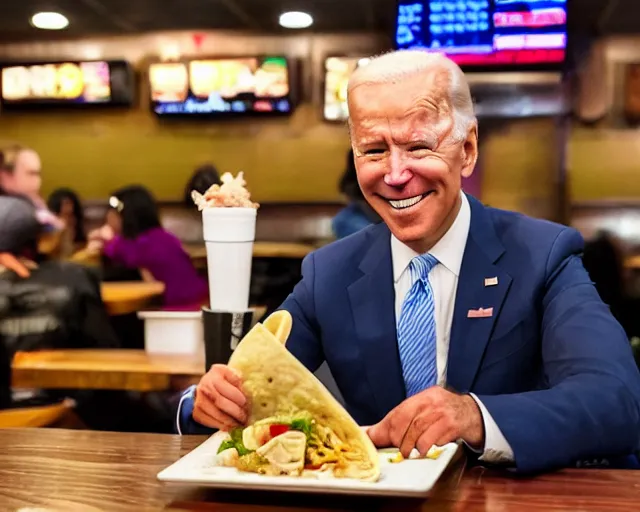 Prompt: a photo of joe biden eating asian wonton tacos at the applebee's, detailed face, ambient lighting, clear photography, 4 k ultra