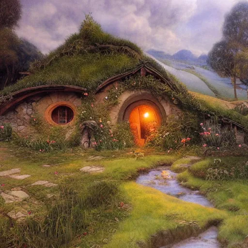 Image similar to beautiful serene hobbiton, by alan lee, lord of the rings, smooth, detailed terrain, oil painting, matte painting concept art, trending on art station