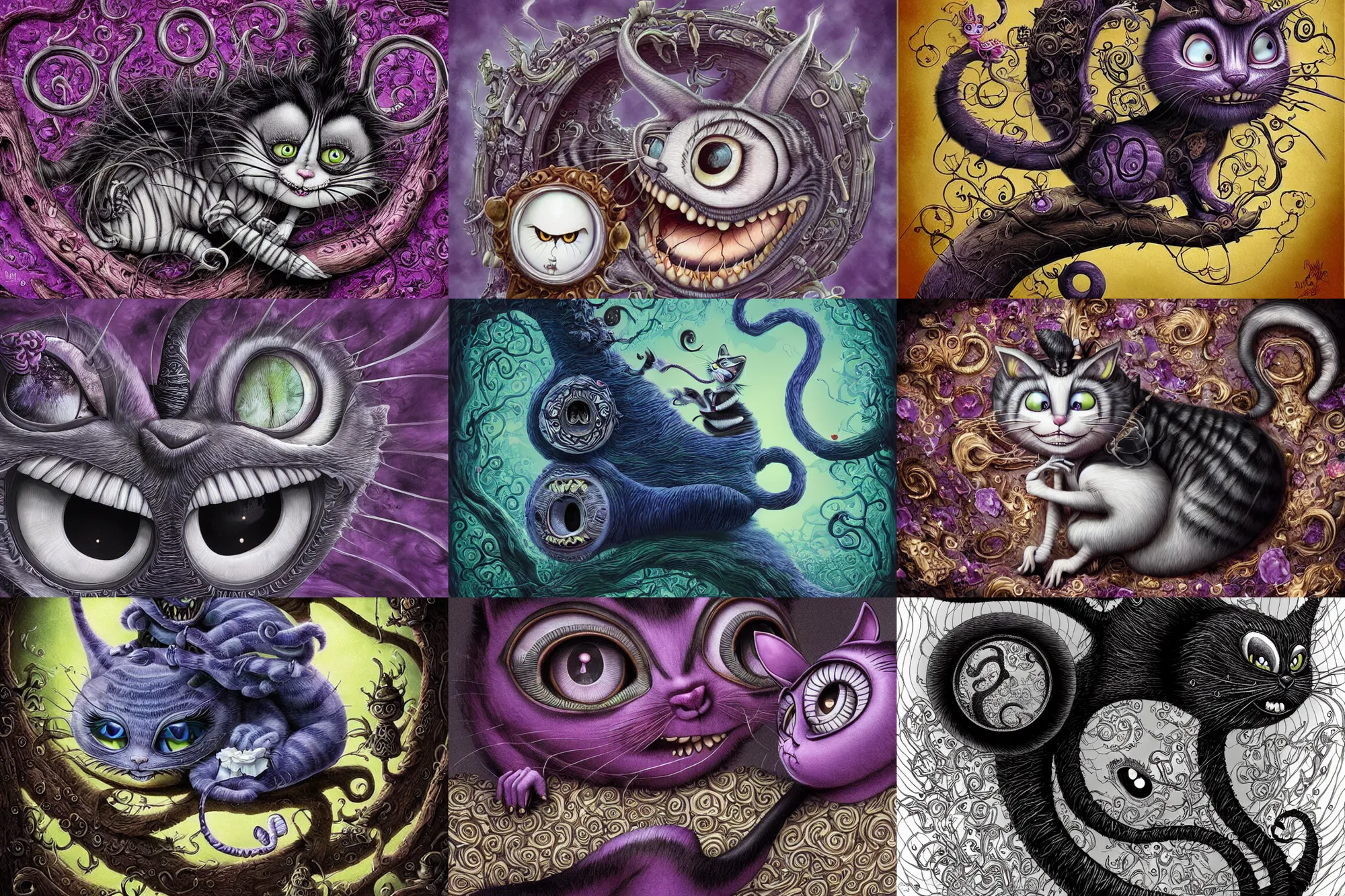 Prompt: The Cheshire Cat Eating Alice in Wondelrand, dramatic, art style Naoto Hattori and Tim Burton, super details, dark dull colors, ornate background, mysterious, eerie, sinister