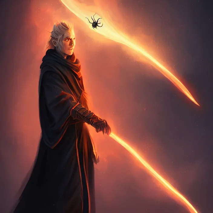 Image similar to Young, handsome wizard with a blonde ponytail wearing exquisite black robes, a spider cloak and wielding a legendary staff of light. Magic, orange lighting, flux. High fantasy, digital painting, HD, 4k, detailed.