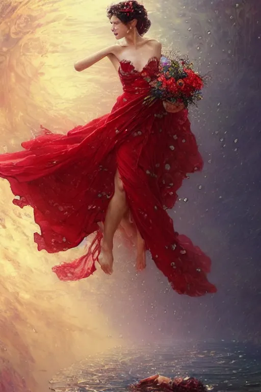 Image similar to portrait of a beautiful woman wearing a red dress, holding a bouquet of flowing flowers, drenched body, wet dripping hair, emerging from the water, fantasy, regal, fractal crystal, fractal gems, by stanley artgerm lau, greg rutkowski, thomas kindkade, alphonse mucha, loish, norman rockwell