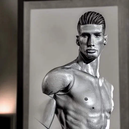 Image similar to a realistic detailed photo of a guy who is an attractive humanoid who is half robot and half humanoid, who is a male android, soccer player sergio ramos, shiny skin, posing like a statue, blank stare, in a living room, on display, showing off his muscles