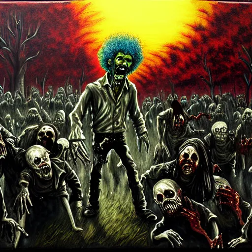 Prompt: zombie apocalypse by bob ross, detailed