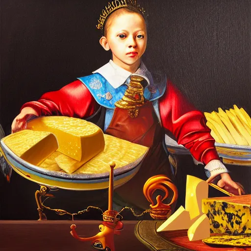 Image similar to a highly detailed oil painting of an 8 year old king ruling a cheese kingdom where everything is made from different types of cheese, surreal, 4 k, trending on art station, in the style of caravaggio and comic book style